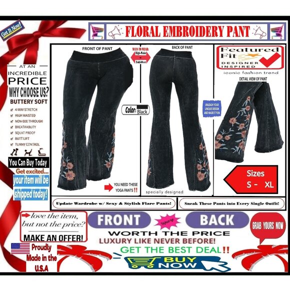 Unbranded Accessories - 🛑 BOTTOM Fold Embroidery 🆒 FLORAL ➕ LEGGING PANT Waist FLARE Wash 💸 BUY NOW❗